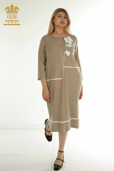 M&T - Toptan Kadın Elbise Gül Desenli Bej - 2403-5042 | M&T