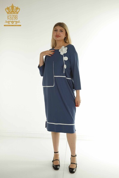 M&T - Toptan Kadın Elbise Gül Desenli İndigo - 2403-5042 | M&T