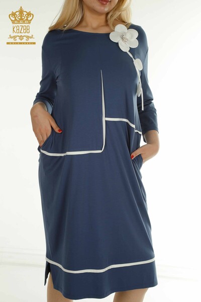 M&T - Toptan Kadın Elbise Gül Desenli İndigo - 2403-5042 | M&T (1)