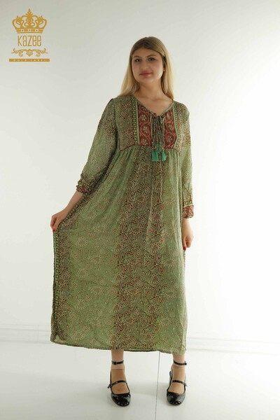 D - Toptan Kadın Elbise Karışık Desenli Yeşil - 2404-2222 | D