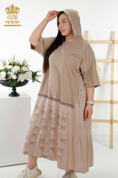 Toptan Kadın Elbise Kedi Desenli Kapüşonlu Bej - 20330 | KAZEE - Thumbnail
