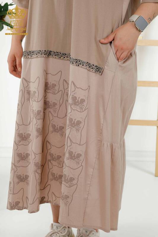 Toptan Kadın Elbise Kedi Desenli Kapüşonlu Bej - 20330 | KAZEE
