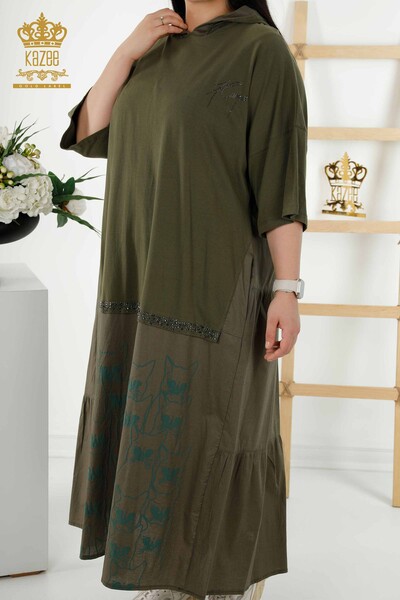 Toptan Kadın Elbise Kedi Desenli Kapüşonlu Haki - 20330 | KAZEE - Thumbnail