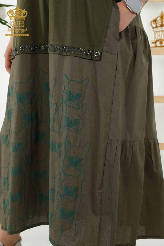 Toptan Kadın Elbise Kedi Desenli Kapüşonlu Haki - 20330 | KAZEE