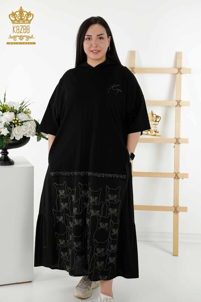 Toptan Kadın Elbise Kedi Desenli Kapüşonlu Siyah - 20330 | KAZEE - Thumbnail