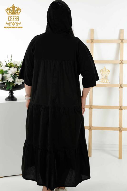 Toptan Kadın Elbise Kedi Desenli Kapüşonlu Siyah - 20330 | KAZEE