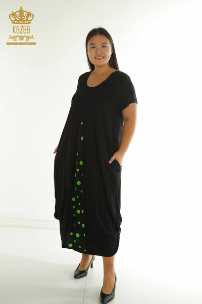 T - Toptan Kadın Elbise Kısa Kol Siyah Yeşil - 2405-10143 | T