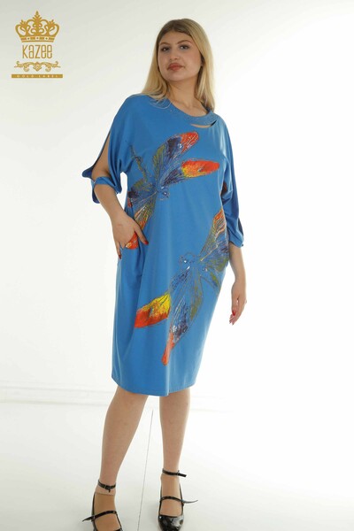 M&T - Toptan Kadın Elbise Kol Detaylı Mavi - 2403-5045 | M&T