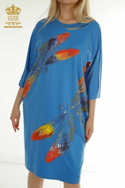 M&T - Toptan Kadın Elbise Kol Detaylı Mavi - 2403-5045 | M&T (1)