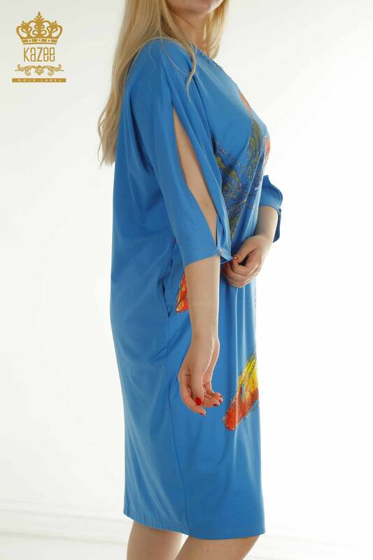 Toptan Kadın Elbise Kol Detaylı Mavi - 2403-5045 | M&T