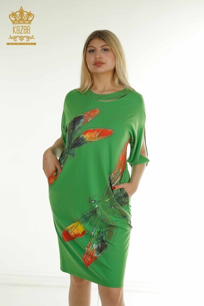 M&T - Toptan Kadın Elbise Kol Detaylı Yeşil - 2403-5045 | M&T