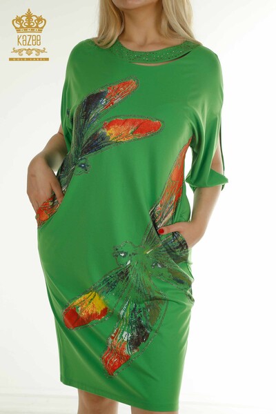 M&T - Toptan Kadın Elbise Kol Detaylı Yeşil - 2403-5045 | M&T (1)