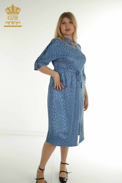 M&T - Toptan Kadın Elbise Kol Düğme Detaylı Mavi - 2403-5050 | M&T