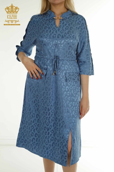 M&T - Toptan Kadın Elbise Kol Düğme Detaylı Mavi - 2403-5050 | M&T (1)