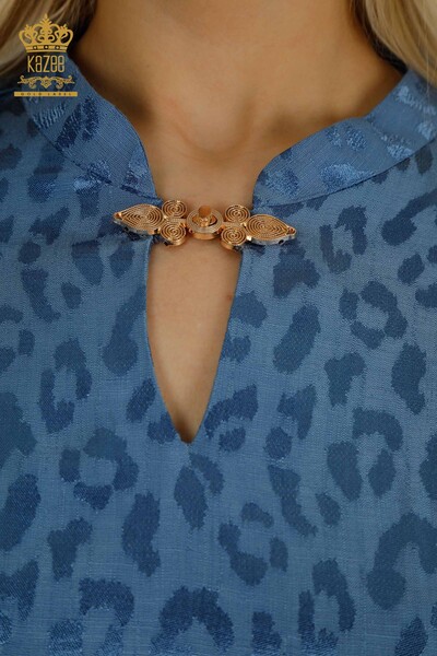 Toptan Kadın Elbise Kol Düğme Detaylı Mavi - 2403-5050 | M&T - Thumbnail (2)