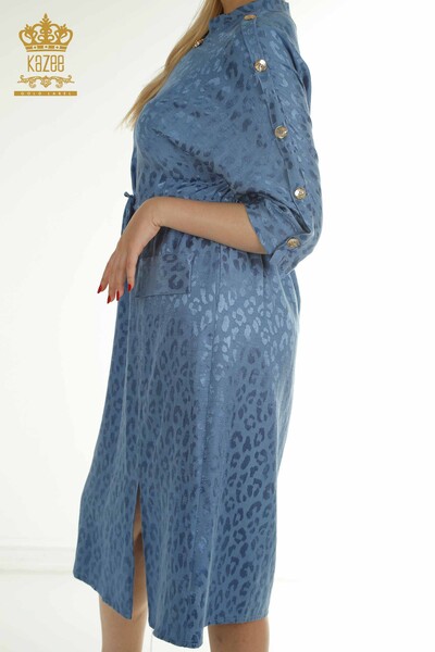 Toptan Kadın Elbise Kol Düğme Detaylı Mavi - 2403-5050 | M&T - Thumbnail