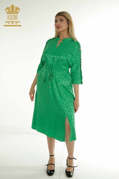 M&T - Toptan Kadın Elbise Kol Düğme Detaylı Yeşil - 2403-5050 | M&T