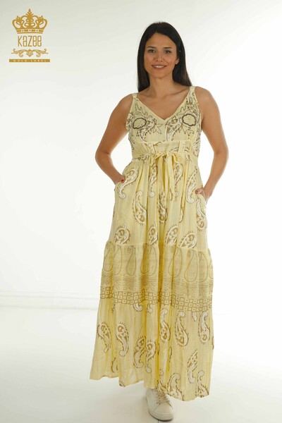 D - Toptan Kadın Elbise Nakış İşlemeli Sarı - 2404-111 | D