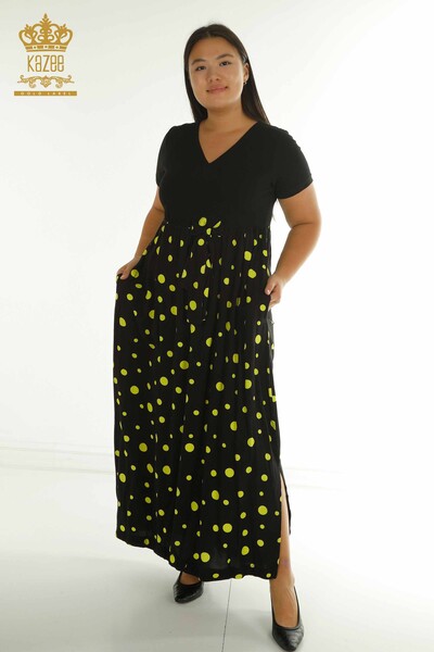 T - Toptan Kadın Elbise Puantiyeli Siyah Sarı - 2405-10144 | T