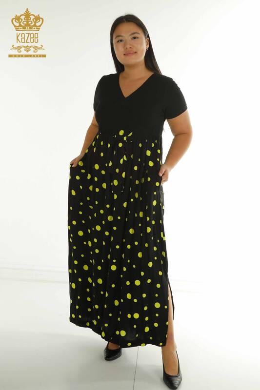 Toptan Kadın Elbise Puantiyeli Siyah Sarı - 2405-10144 | T