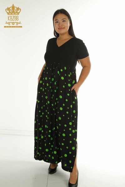 T - Toptan Kadın Elbise Puantiyeli Siyah Yeşil - 2405-10144 | T
