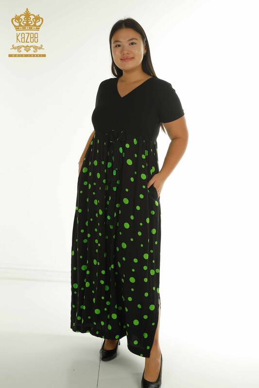 Toptan Kadın Elbise Puantiyeli Siyah Yeşil - 2405-10144 | T