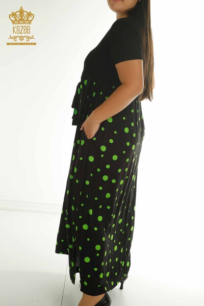 T - Toptan Kadın Elbise Puantiyeli Siyah Yeşil - 2405-10144 | T (1)