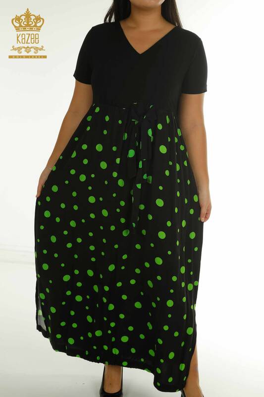 Toptan Kadın Elbise Puantiyeli Siyah Yeşil - 2405-10144 | T