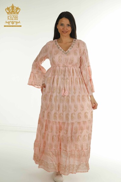 S&M - Toptan Kadın Elbise Püskül Detaylı Pudra - 2402-1112 | S&M