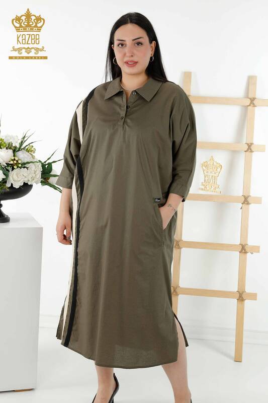 Toptan Kadın Elbise Renkli Çizgili Haki - 20380 | KAZEE