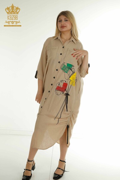 Toptan Kadın Elbise Renkli Desenli Bej - 2403-5033 | M&T - Thumbnail