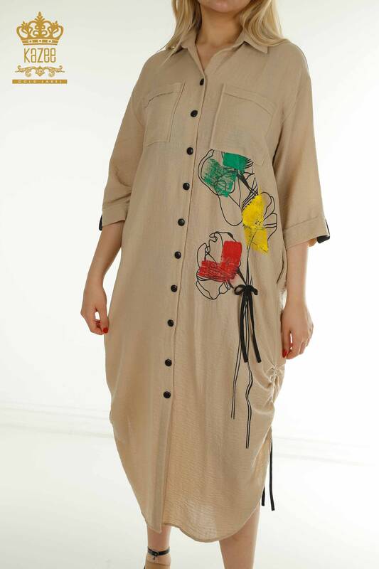 Toptan Kadın Elbise Renkli Desenli Bej - 2403-5033 | M&T