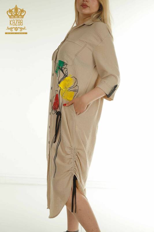 Toptan Kadın Elbise Renkli Desenli Bej - 2403-5033 | M&T