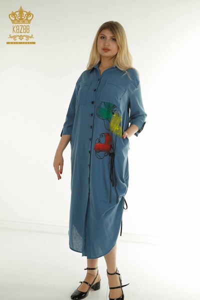 M&T - Toptan Kadın Elbise Renkli Desenli İndigo - 2403-5033 | M&T