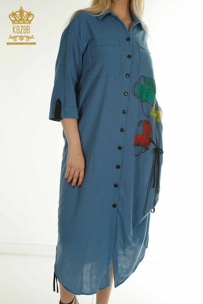 M&T - Toptan Kadın Elbise Renkli Desenli İndigo - 2403-5033 | M&T (1)