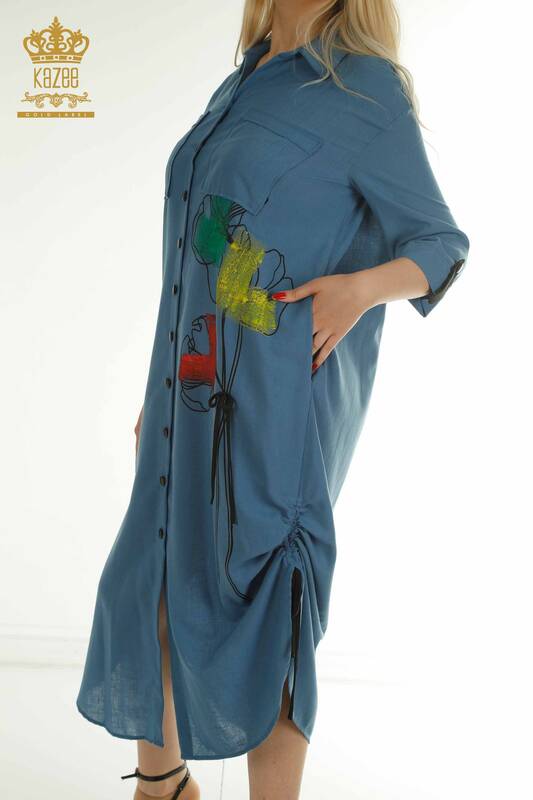 Toptan Kadın Elbise Renkli Desenli İndigo - 2403-5033 | M&T