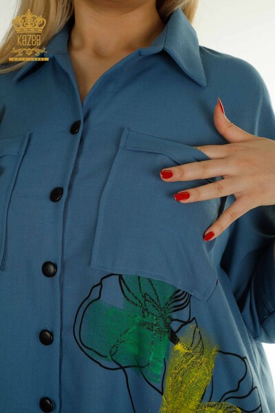 Toptan Kadın Elbise Renkli Desenli İndigo - 2403-5033 | M&T - Thumbnail