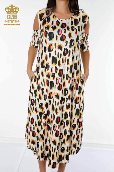 Toptan Kadın Elbise Renkli Leopar Desenli Ekru - 77794 | KAZEE - Thumbnail (2)