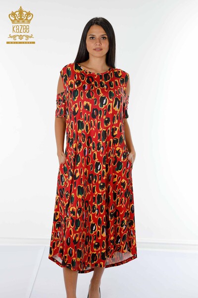 Kazee - Toptan Kadın Elbise Renkli Leopar Desenli Kırmızı - 77794 | KAZEE