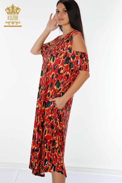 Kazee - Toptan Kadın Elbise Renkli Leopar Desenli Kırmızı - 77794 | KAZEE (1)