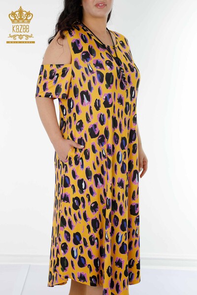 Toptan Kadın Elbise Renkli Leopar Desenli Safran - 77794 | KAZEE - Thumbnail (2)