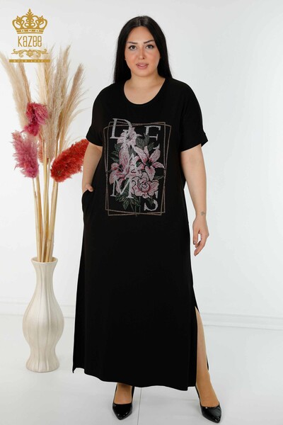Toptan Kadın Elbise Renkli Taş İşlemeli Siyah - 7731 | KAZEE
