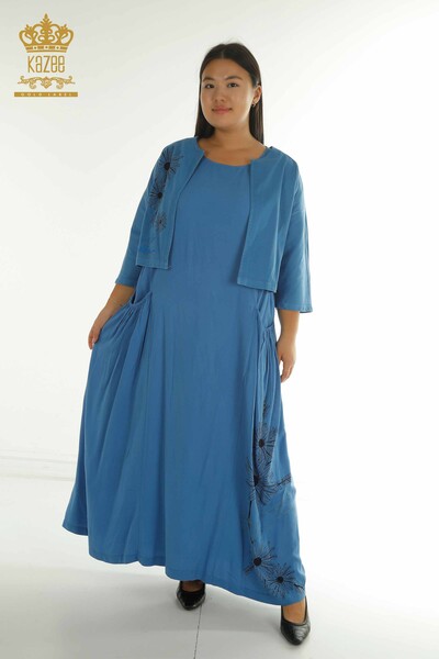 T - Toptan Kadın Elbise Takım Taş İşlemeli Mavi - 2405-10136 | T
