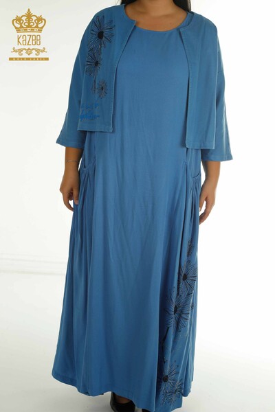 T - Toptan Kadın Elbise Takım Taş İşlemeli Mavi - 2405-10136 | T (1)