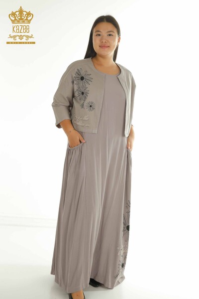 T - Toptan Kadın Elbise Takım Taş İşlemeli Vizon - 2405-10136 | T