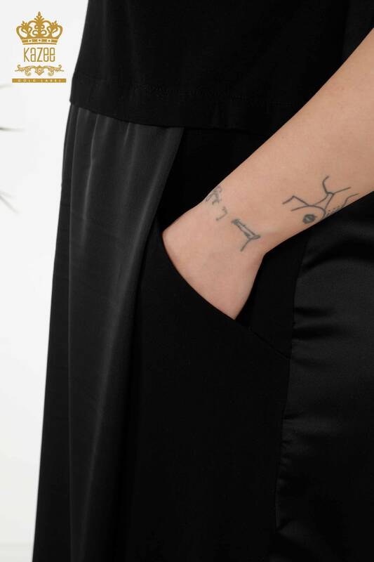 Toptan Kadın Elbise Taş İşlemeli Cepli Siyah - 20368 | KAZEE