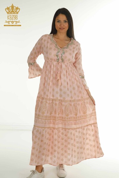 D - Toptan Kadın Elbise Taş İşlemeli Pudra - 2404-1111 | D