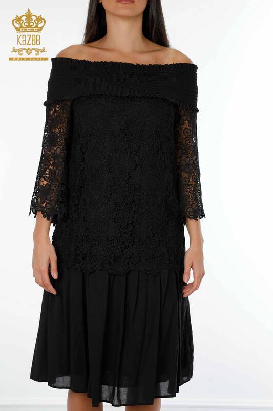 Toptan Kadın Elbise Tül Detaylı Siyah - 17175 | KAZEE