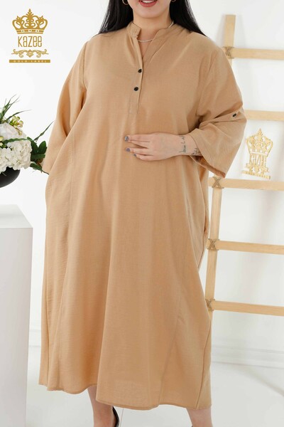 Toptan Kadın Elbise Yarım Düğme Detaylı Bej - 20384 | KAZEE - Thumbnail