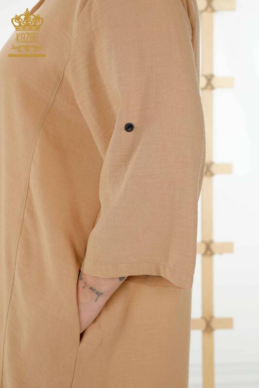 Toptan Kadın Elbise Yarım Düğme Detaylı Bej - 20384 | KAZEE